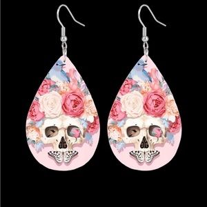 Pink Rose Flower‎ Skull Print Dangle Halloween Earrings Bohemian Faux Leather